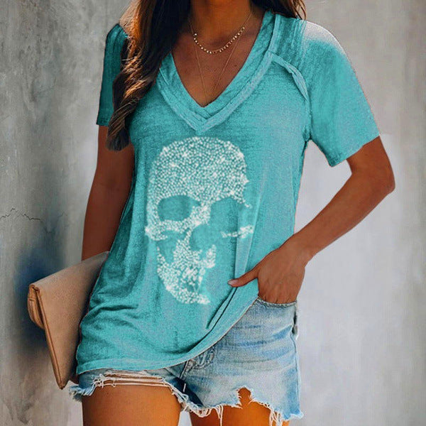 Skull diamond-studded loose short-sleeved pullover deep V-neck T-shirt