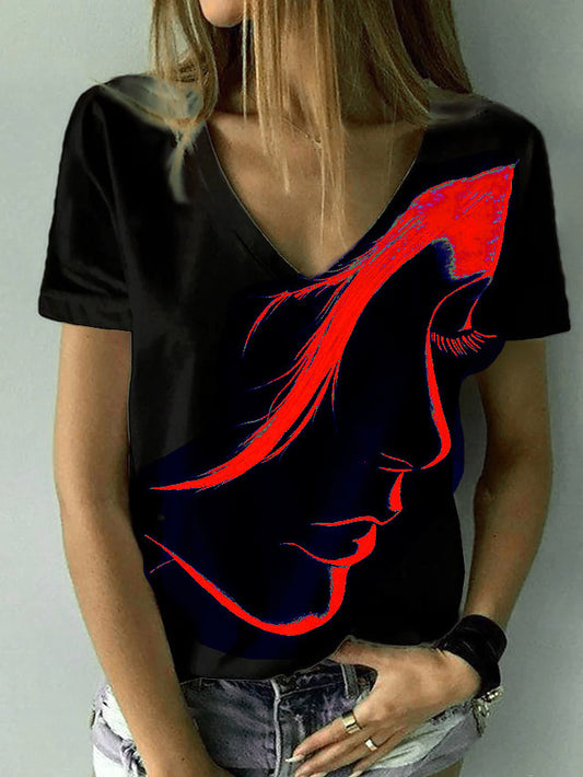 Abstract Face Print V-Neck Top