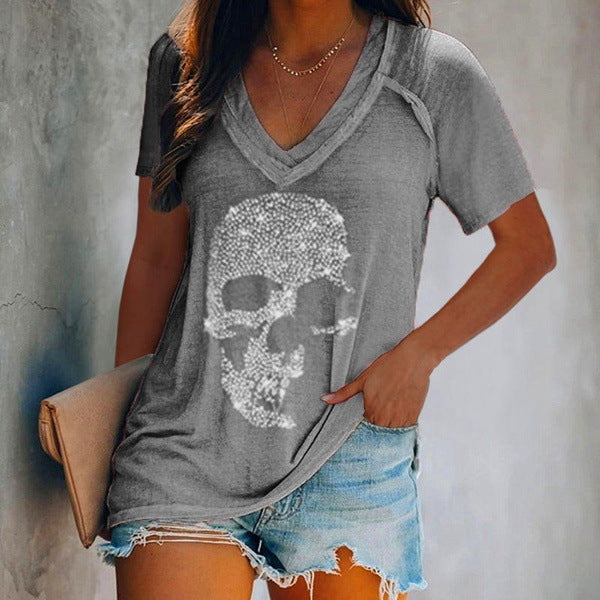 Skull diamond-studded loose short-sleeved pullover deep V-neck T-shirt