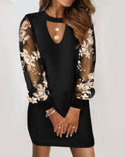 V-neck Lace Printed Long Sleeve Waist-Tight Dress