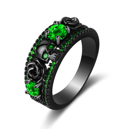 Gothic Skull Flower Black Gold Inlaid Zircon Ring