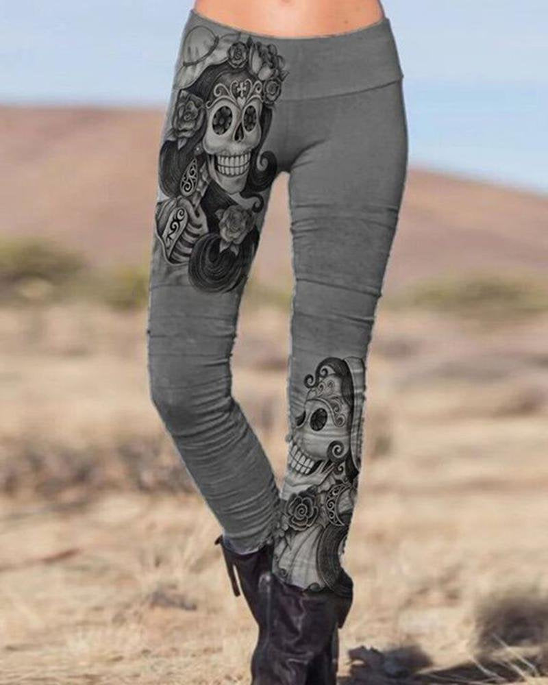 Skull Print Casual Sports Stretch Pants