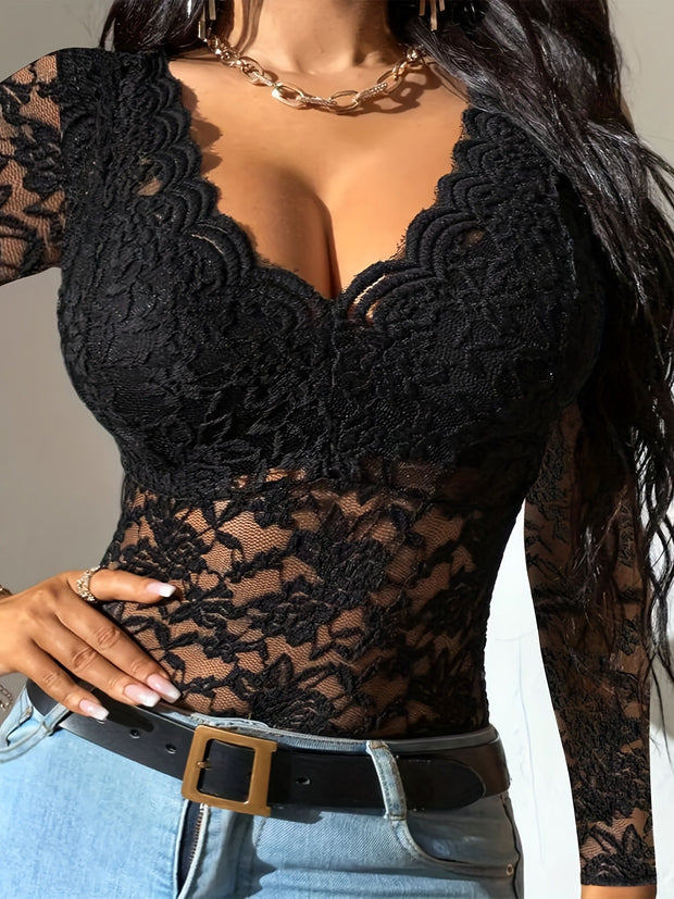 Solid Color Sexy Lace Mesh Long Sleeve Top