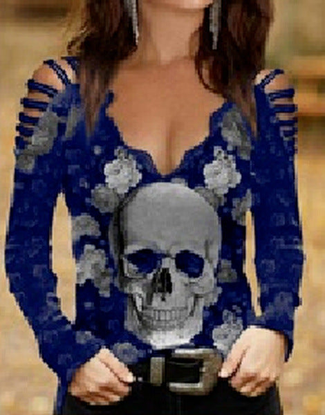 Sexy Skull V-neck Lace off-the-Shoulder T-shirt