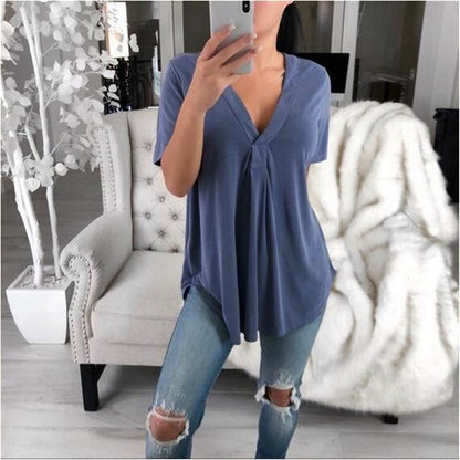 V-neck Solid Color Short Sleeve T-shirt