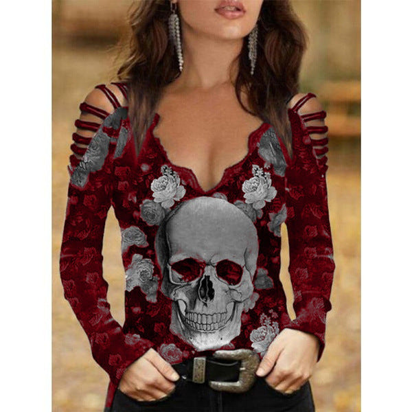 Sexy Skull V-neck Lace off-the-Shoulder T-shirt