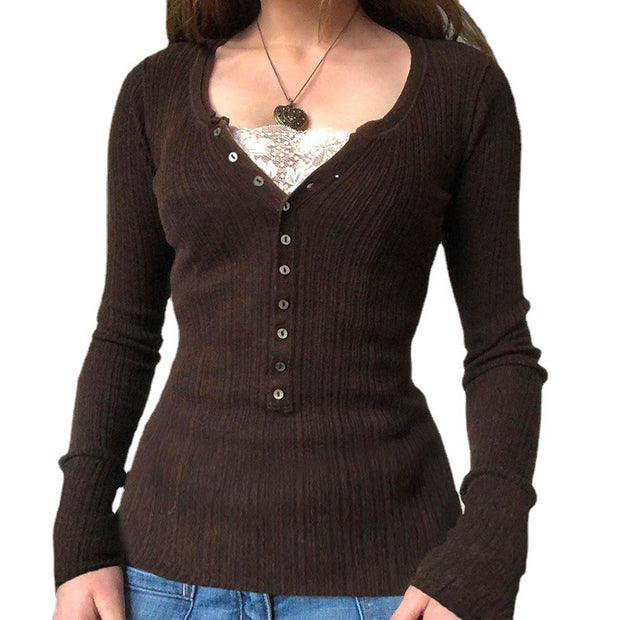 Retro Brown Lace V-neck Patchwork Fake Two-Piece Top