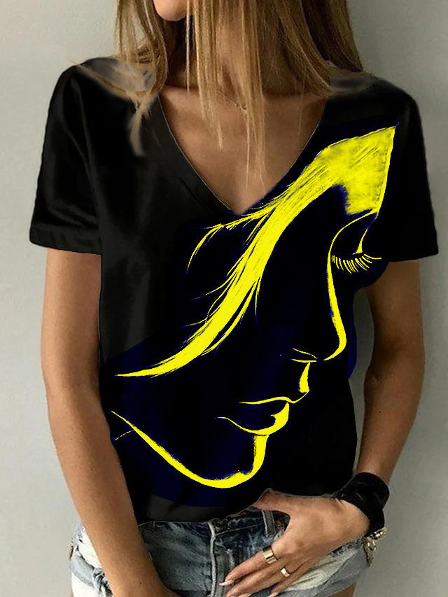 Abstract Face Print V-Neck Top