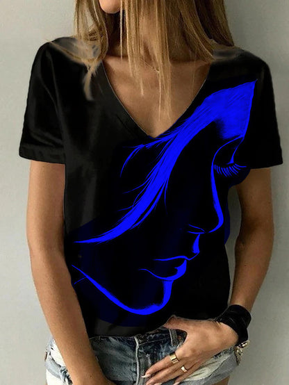 Abstract Face Print V-Neck Top