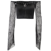 Gothic Dark Off-Shoulder Off-Shoulder Lace Top mit ausgestellten Ärmeln und Bindekragen
