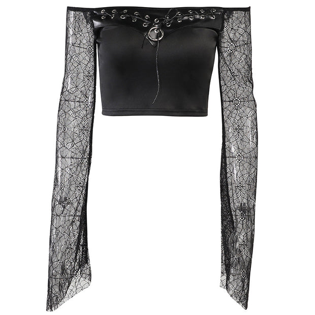 Gothic Dark Off-Shoulder Off-Shoulder Lace Top mit ausgestellten Ärmeln und Bindekragen