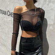 Sexy Oblique Shoulder Long Sleeve Mesh See-through Midriff-Baring Top