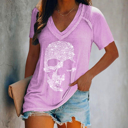 Skull diamond-studded loose short-sleeved pullover deep V-neck T-shirt