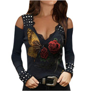 Long-Sleeved T-Shirt With Strapless Hot Drill Butterfly Elements