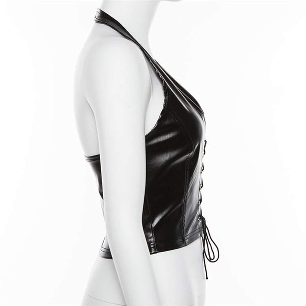 Sexy Halter Hollow out Strap Patent Leather Vest