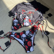 Maillot de bain bikini sexy à imprimé tête de mort et rose