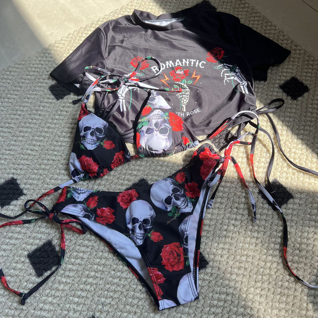 Sexy Skull Rose Print Bikini Swimsuit