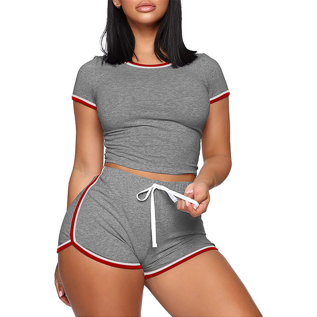 Women's Solid Color Stitching Short Sleeve Casual Sports Suit