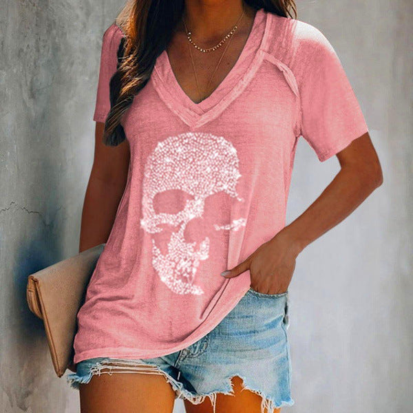 Skull diamond-studded loose short-sleeved pullover deep V-neck T-shirt