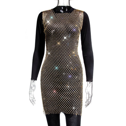 Mesh Rhinestone Rhinestone Fishnet Dress