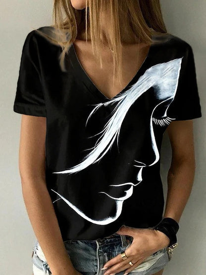 Abstract Face Print V-Neck Top