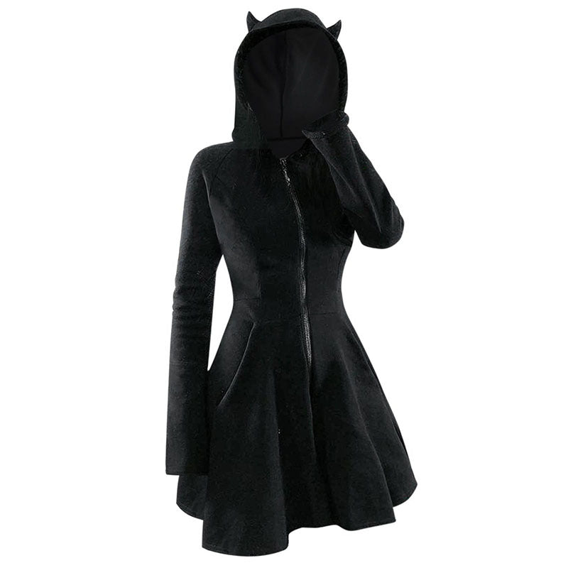 Gothic Hooded Long Sleeve Gold Velvet Cat Ear Slim Fit Dress