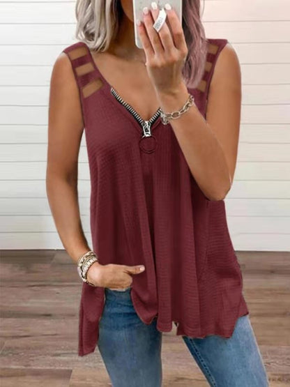 Cutout V-Neck Zip-Up Top