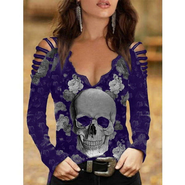 Sexy Skull V-neck Lace off-the-Shoulder T-shirt