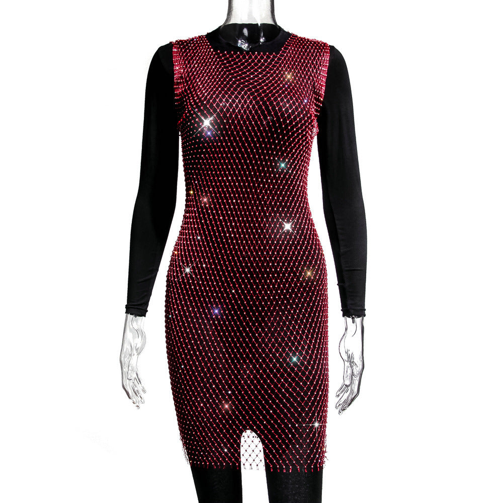 Mesh Strass Strass Fischnetz Kleid