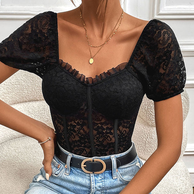 Sexy Lace See-through Puff Short Sleeve Jumpsuit