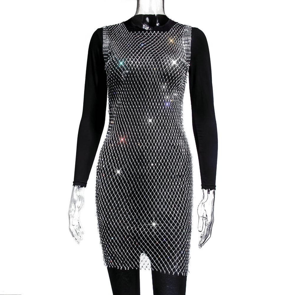 Mesh Strass Strass Fischnetz Kleid