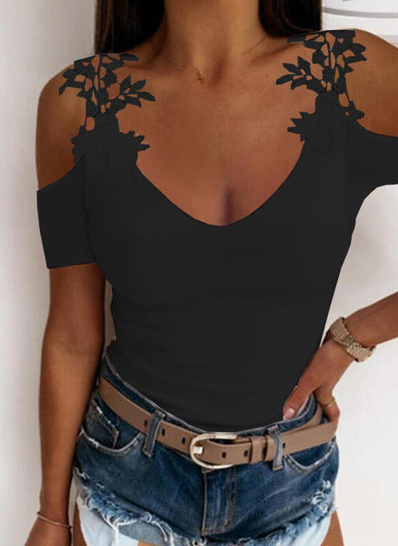 U-Neck Solid Color Lace T-Shirt Top