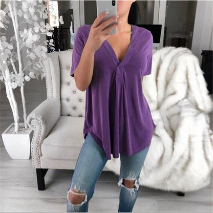 V-neck Solid Color Short Sleeve T-shirt