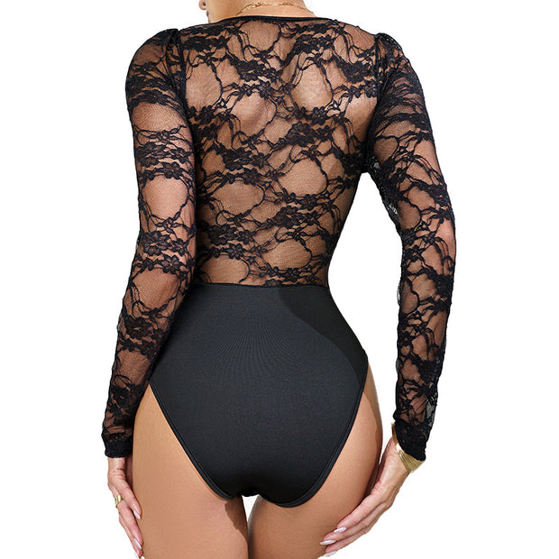 Sexy Lace Stitching See-through Slim-Fit Long Sleeve Jumpsuit