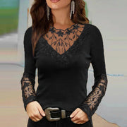 Lace Stitching V-Neck Hot Diamond Long-Sleeved Top