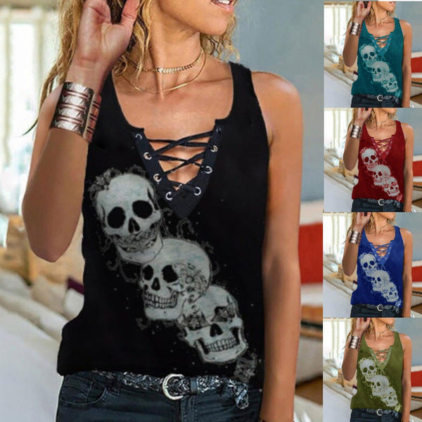 Sexy Lace V-neck Sleeveless T-shirt Skull Print Vests
