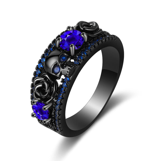 Gothic Skull Flower Black Gold Inlaid Zircon Ring