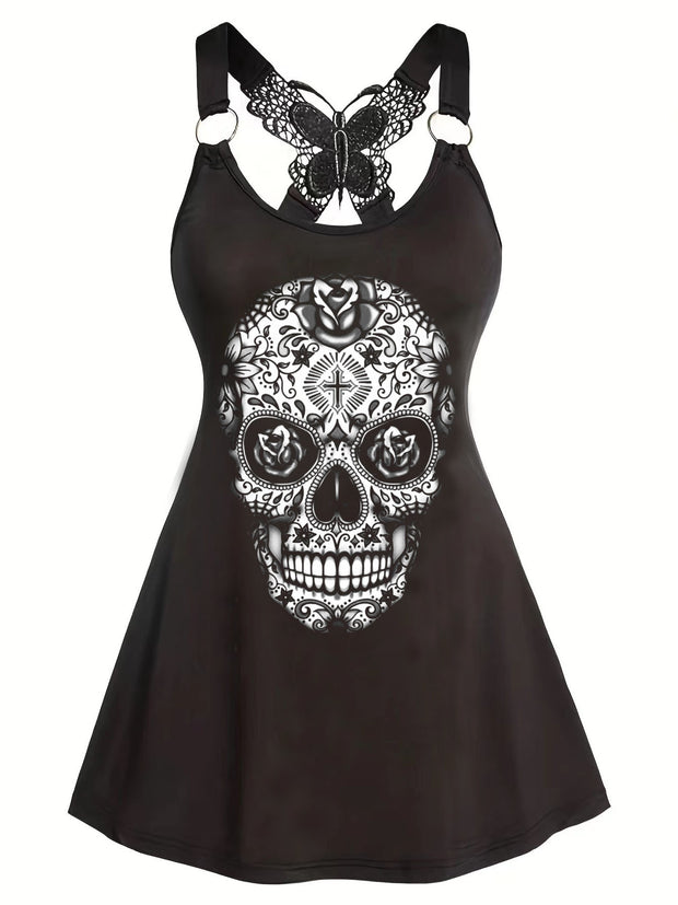Tag der Toten – Schmal geschnittenes Kleid mit Totenkopf-Print und Schmetterlings-Print