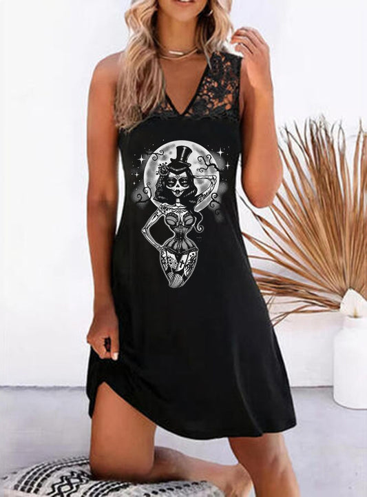 Gothic Girl Skull Printed V-neck Stitching Lace Vest Dress