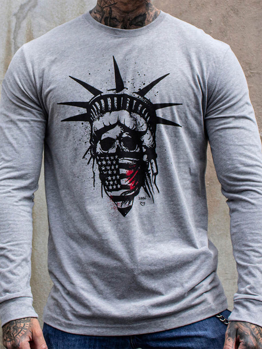 Statue Of Liberty Skull Printed Long Sleeve T-Shirt