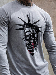 T-shirt à manches longues imprimé tête de mort Statue de la Liberté 