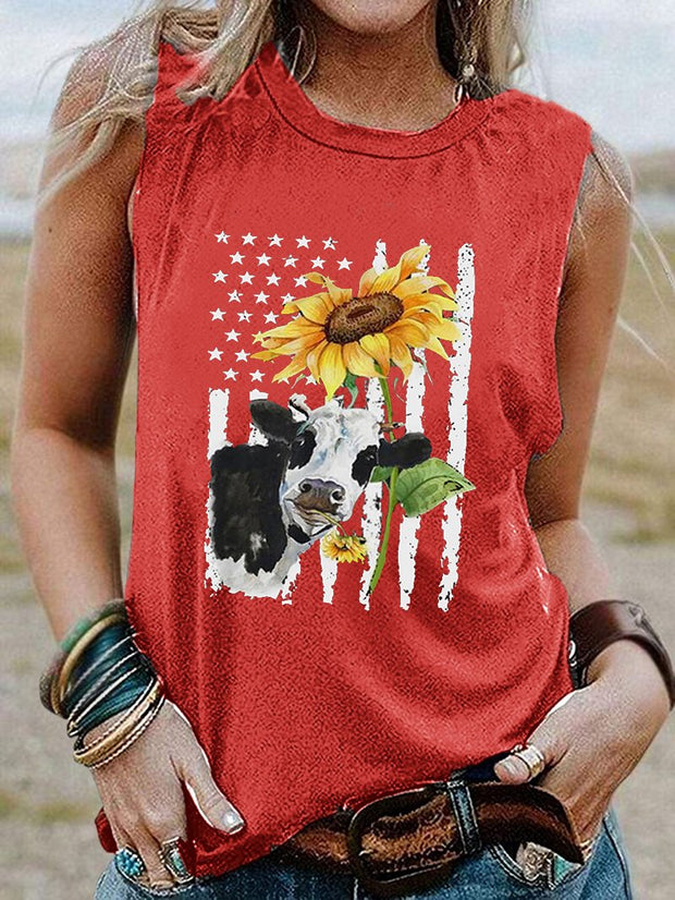 Cow Sunflower Print Round Neck Sleeveless Top