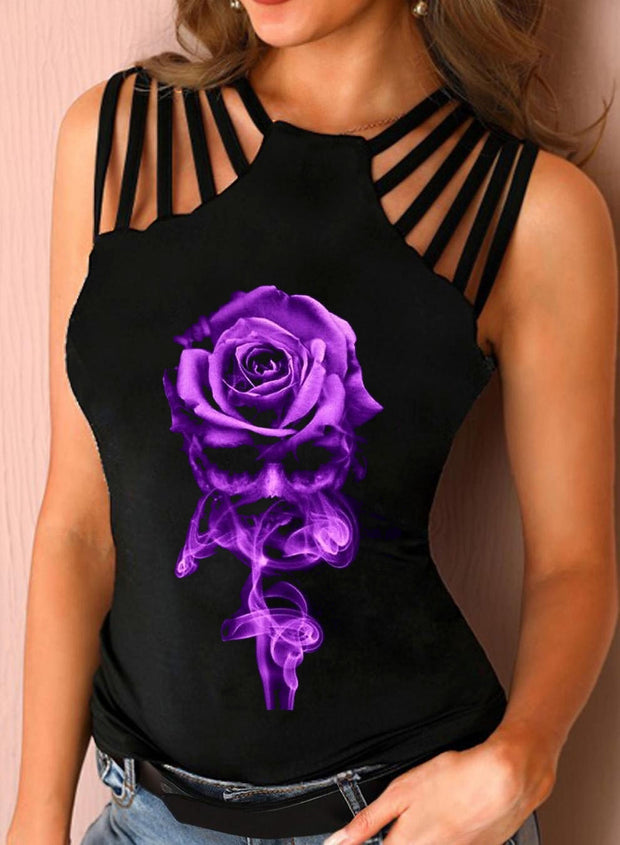 Purple Rose Skull Print Sexy Hollow-out Diagonal Striped Neckline Vest