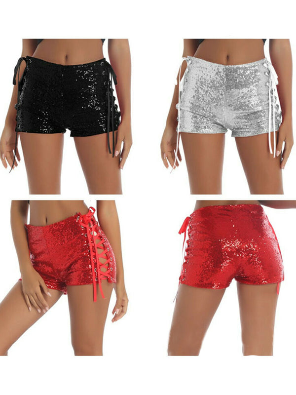 Women's High Waist Sexy Lace-up Hollow Sequin Shorts