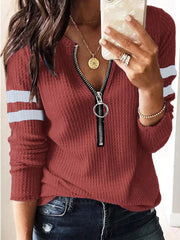 Knitted Solid Color Loose Zipper Long Sleeve T-shirt