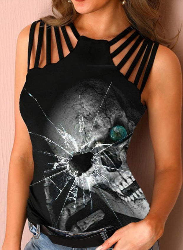 Sexy Cullet Skull Print Hollow-out Diagonal Striped Neckline Vest