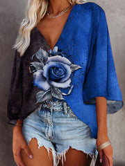 Rose Print V-neck Flared Sleeve Casual Top
