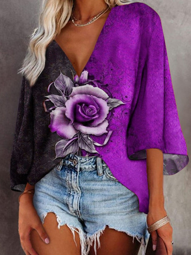 Rose Print V-neck Flared Sleeve Casual Top