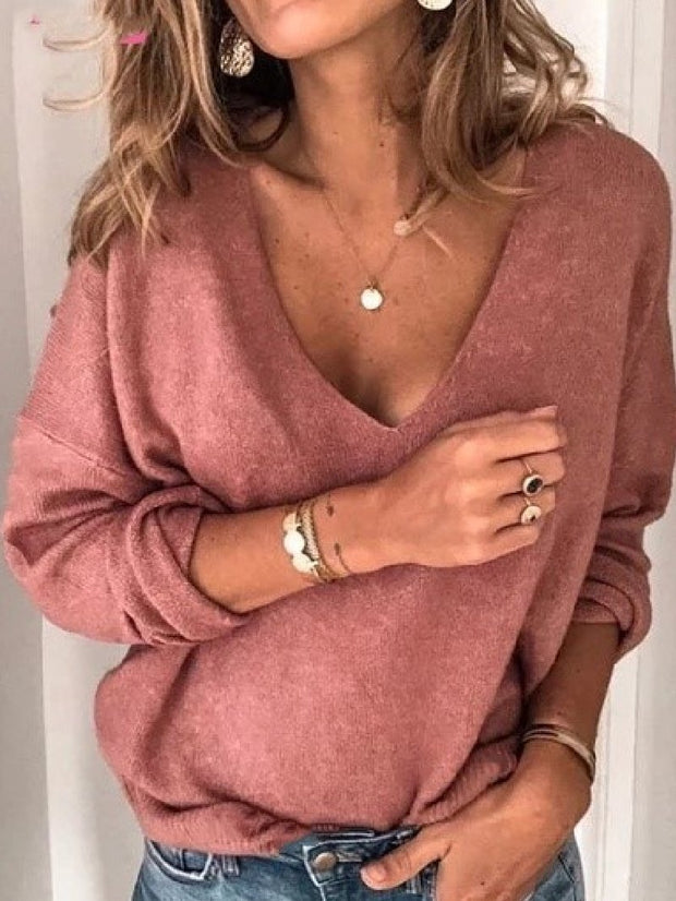 Women's Fashion Long-sleeved V-neck Loose Casual Tops