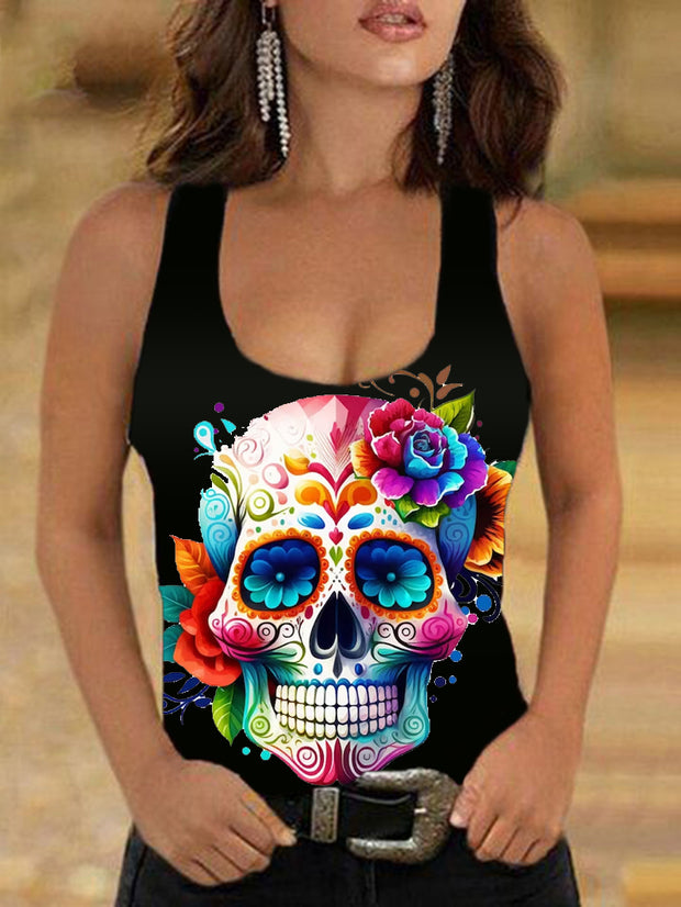 Painted Flower Skull Sleeveless Vest